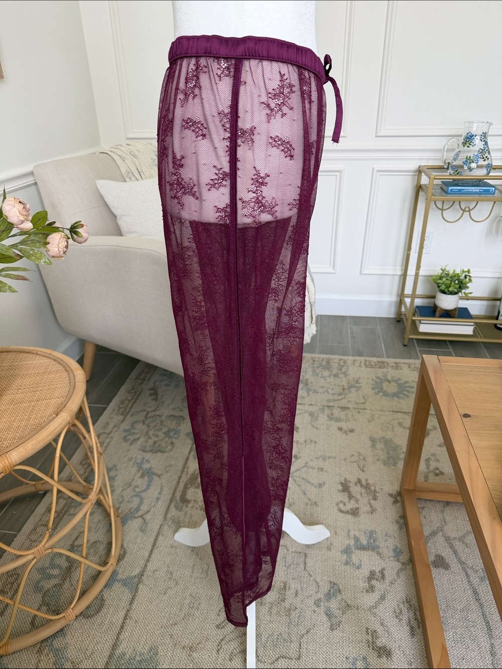 Victoria's Secret Sheer Lace Cover-Up Pants Burgundy Resort Lingerie M - Picture 3 of 13